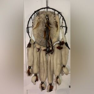 Mandella Dream Catcher Native American real Fur Wool Feathers Beaded 36" x 14"
